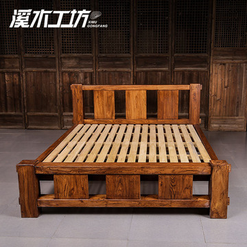 溪木工坊 老榆木床 全实木床1.5米 中式卧室大床家具1.8米厚重款