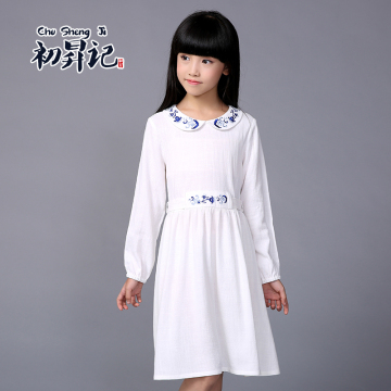 初昇记原创中国风女童连衣裙 春秋新款原创白色刺绣长袖裙子