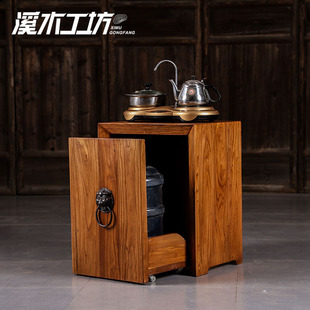溪木工坊 老榆木茶水柜 现代中式餐边柜 纯实木茶水桌 简约收纳柜