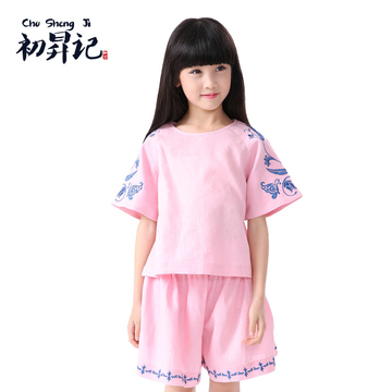 初昇记原创中国风棉麻童装女童新款棉麻套装民族风刺绣短袖两件